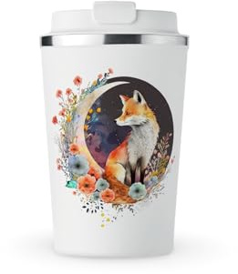 MAXIKIWI Isolierter doppelwandiger, auslaufsicherer Edelstahlbecher, Kaffee- oder Tee-Reisebecher mit Deckel, hält Getränke heiß und kalt – niedlicher Fuchs auf dem Mond – 350 ml