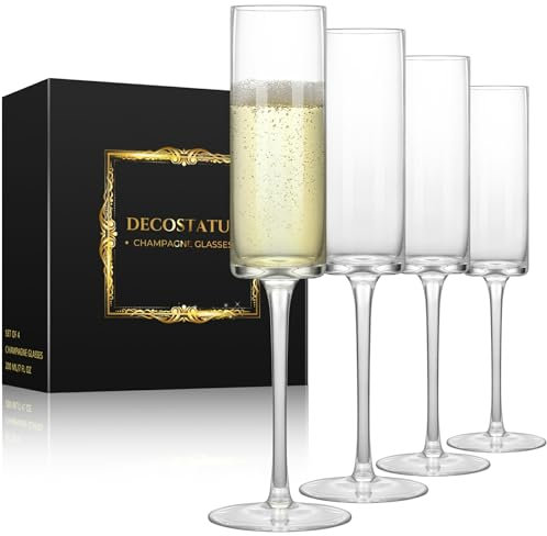 Decostatue Set di 4 Flute Vetro Champagne - Regalo Anniversario Matrimonio - Eleganti Bicchieri Champagne Da 200 Ml Per Anniversario, Matrimonio, Fidanzamento, Natale, San Valentino, Compleanno