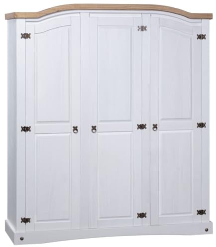 Cozynest Kiefer Kleiderschrank Mexiko-Stil Corona 3 Türen Garderobenschrank Schlafzimmerschrank Dielenschrank Holzschrank Schrank Weiß