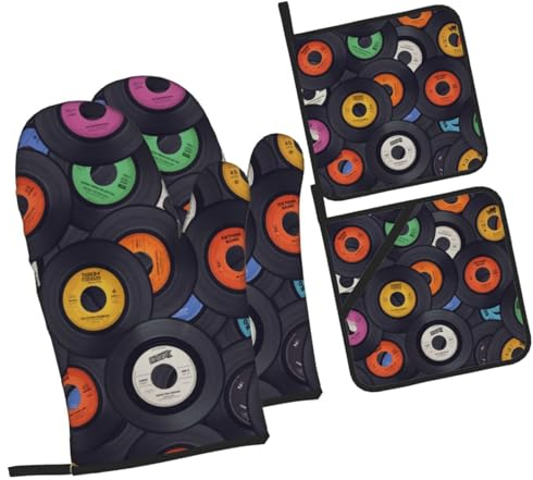 4Pcs Cooking Accessories Vinyl Records Music Album Microwave Mitts Non Slip Microwave Gloves Premium Oven Mitts For Cooking, Oven, Kitchen