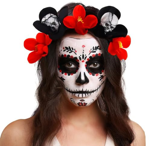 Shyllin Cerchietto Teschi di Halloween Con Rose Nere e Rosse - Accessori per Capelli per Carnevale e Feste in Maschera