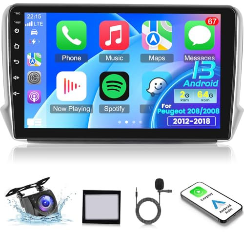[2+64G]Autoradio Android 13 per Peugeot 208/2008 2012-2018 con Senza Fili Carplay & Android Auto - Radio Touchscreen da 9 Pollici con WiFi GPS Mirror Link DSP FM/RDS Radio SWC+Telecamera di Backup AHD