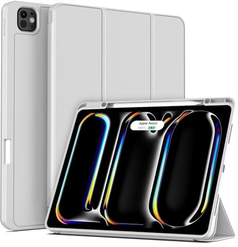 SZPSGC Funda para iPad Pro de 11 pulgadas 2024 M4 5ª generación con soporte para bolígrafo, carcasa trasera de TPU compatible con Apple Pencil Pro/USB-C para iPad Pro 11, Auto Dormir/Despertar, Gris