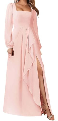 KURFACE Blush Pink Bridesmaid Dresses with Sleeves for Women Ruched Long Sleeve Formal Wedding Guest Dress UK20