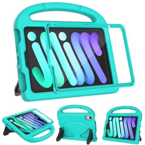 MOXOTEK Kids Case for iPad Mini 7 (A17 Pro) 2024 / Mini 6 2021, iPad Mini 7th/6th Generation Case with Screen Protector, Durable Shockproof Handle Stand Protective Cover for iPad 8.3 Inch, Cyan