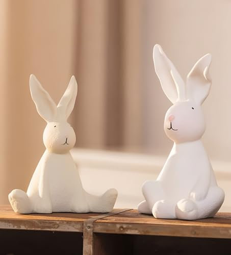 Dekoleidenschaft 2X Dekofigur Häschen aus Porzellan in beige und weiß, Hase 15 + 19 cm hoch, Osterfigur, Osterhase, Osterdeko