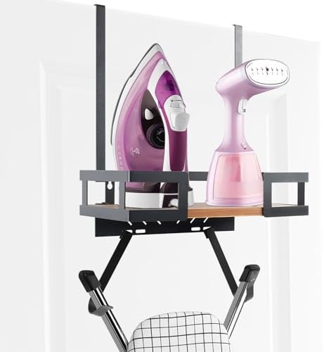 YedZen Ironing Board Holder, Wall Mount/Over Door Ironing Board Hanger for T & V Leg, with Storage Basket & 2 Strong Hook, Laundry Room Iron and Board Storage Holder