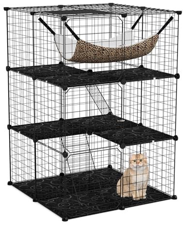 COSTWAY Katzenkäfig 3-stöckig, große Katzengehege mit Hängematte, 2 Leitern, 3 Türen & Dachfenster, Abnehmbarer Zwinger, Metalldrahtkäfig für Katzen Kleintiere im Innen, Schwarz (74 x 74 x 107 cm)