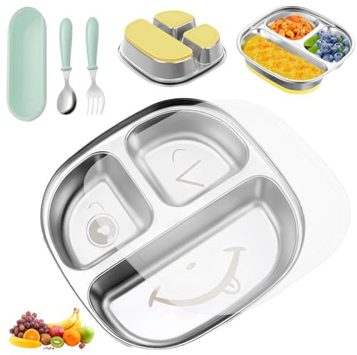 CHENBOOW Platos de Acero Inoxidable para Niños,Platos Divididos,Platos de Control de Porciones,Platos Bebe Con Ventosa,plato de Acero Inoxidable con Ventosa,con Tenedor Y Cuchara