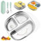 CHENBOOW Platos de Acero Inoxidable para Niños,Platos Divididos,Platos de Control de Porciones,Platos Bebe Con Ventosa,plato de Acero Inoxidable con Ventosa,con Tenedor Y Cuchara
