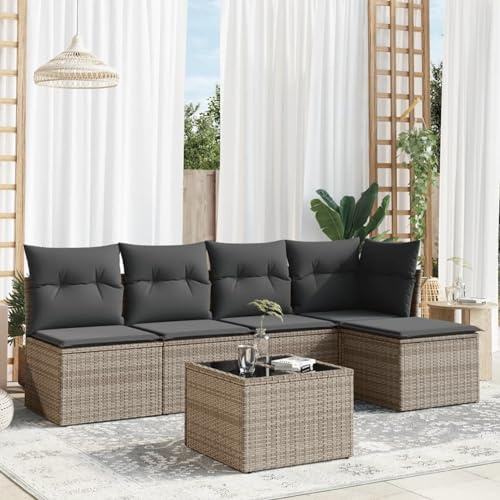 IKAYAA 6-TLG Rattan Gartenmöbel Set, Balkon Lounge, Outdoor Loungemöbel Rattan Sitzlounge Ecklounge Ecksofa Gartensofa Balkonsofa Grau Type-65