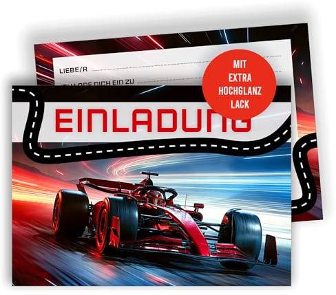 Edition Colibri 10 Einladungskarten Kindergeburtstag A6 – Rennfahrer Party, coole Einladungen mit Auto-Motiv für Jungen, Mädchen & Motorsport-Fans