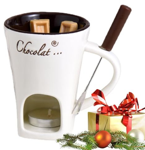 Tazza per fonduta di cioccolato, 130 ml, in ceramica, multiuso, con forchetta, ideale per picnic, dessert e snack, 11 cm