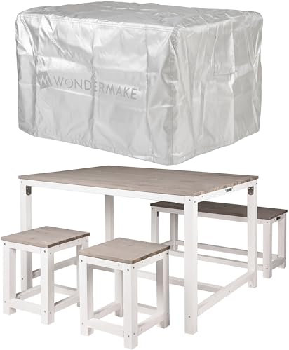 WONDERMAKE® Design Sitzgruppe Sitzgarnitur Holz mit Abdeckung Outdoor Garten Balkon 4 Personen Plätze, Essgruppe Möbel-Set Essgarnitur draußen außen, 4-teilig: Tisch Sitzbank Stühle Hocker, weiß grau