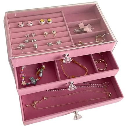 YHAILI Samt-Schmuck-Organizer, 3 Schubladen, stapelbar, Vitrine für Ohrringe, Halsketten, Armbänder, Zubehörhalter
