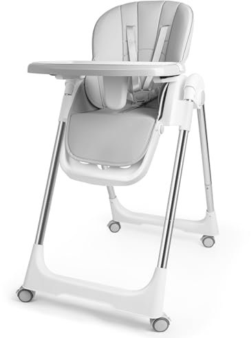Aufun Kinderhochstuhl Verstehllbar und Klappbar, Höhenverstellbarer Baby Essstuhl mit Liegefunktion, Baby Hochstuhl mit wachsend und Sicherheitsgurt 6 Monaten bis 6 Jahre PU Leder Kissen (Grau)