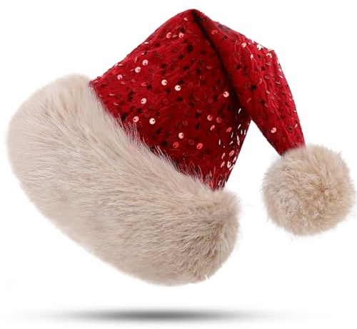 CITÉTOILE Erwachsener Weihnachtsmütze, Glänzende Nikolausmütze, Warm Plüsch Rand und Pelz Ball Weihnachtshut, Plüsche Santa Mütze für Damen und Herren, Rot