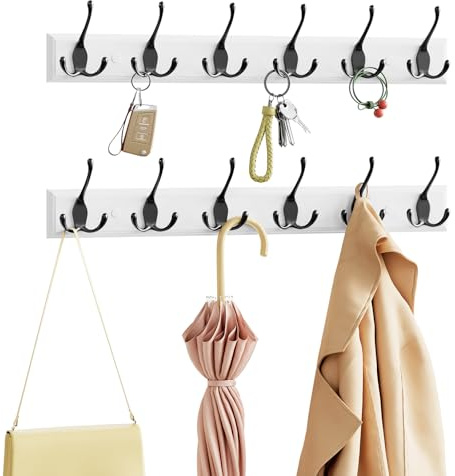 eSituro Garderobenhaken, Garderobenleiste 2 Stücke, Hakenleiste mit 6 Dreifachhaken, Kleiderhaken Wand, Wandhaken Garderobe, Jackenhaken silbern modern, MDF-Platte, Schwarz+Weiß, aus Metall