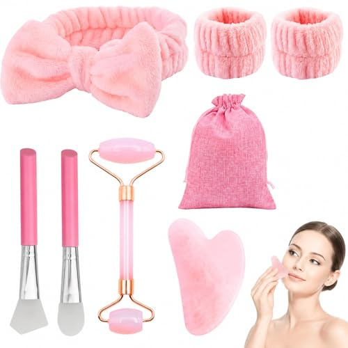 CZAYEFNH Gua Sha Stein Set Gesichtsmassage 7-in-1 Jade Roller Set für Gesicht und Körper, Massagetools mit Gesichtsbürsten, rosa Stirnband und Armbändern, Anti-Aging Pflege für Damen und Männer