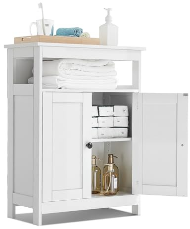 VEVOR Bathroom Floor Cabinet, 3-Tier, Wooden Storage Organizer with 2 Doors and Adjustable Shelf, Modern Bathroom Furniture Home Decor Freestanding Cupboard for Kitchen/Living Room/Entryway Use, White