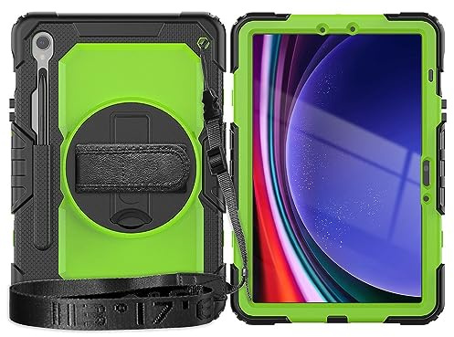 Tablet-Hülle For Samsung Galaxy Tab S10 FE 11 SM-X520/ X526B/ X528U 2025 Case with Screen Protector, [Kickstand] [Shoulder Strap] Shockproof Rugged case 360° Rotating Hand Strap(Yellow Green PC)