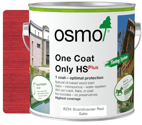Osmo One Coat Only HS Plus 9234 Transparent Scandinavian Red 2.5L – High Coverage Exterior Wood Stain for Cladding & Fencing – One Coat Protection – Water & UV Resistant Satin Finish