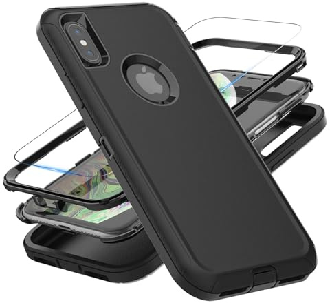 GuardCase Handyhülle für iPhone XS Max Hülle, Militärklasse 3 in 1 Schwere stoßfeste/stürzsichere/staubfeste Handyhülle mit 1 Gehärtetes Glas-Bildschirmschutzfolie für iPhone XS Max 6.5“(schwarz)