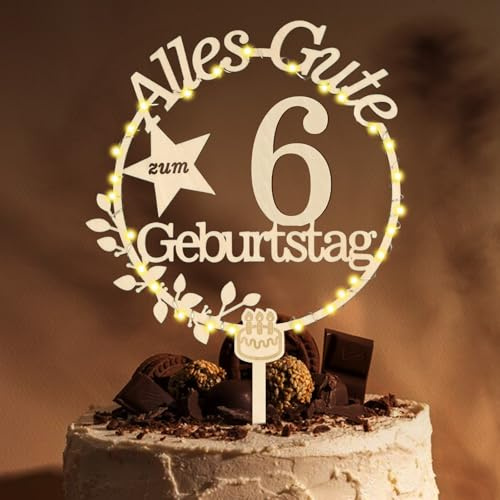 Giftota Cake Topper 6. Geburtstag Deko Junge Mädchen mit LED Lichterkette | Tortendeko 6. Geburtstag, Kuchen Deko für 6 Jahre Junge Mädchen