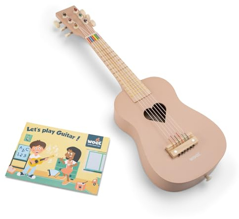 Woet Rosa Holz-Gitarre mit 6 Nylonsaiten und Liederbuch | Spielzeug-Musikinstrument, Kindergitarre, Schultergurt, Ersatzsaite und Notenheft, Rhythmus und Melodie, ab 3 Jahren