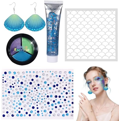 5 Pezzi Trucco Sirena Set,Pittura per Viso Sirena+Stencil a Scaglie+Gel Glitter Chunky+Strass Brillantini Adesivi+Memaid Orecchini Forma Conchiglia,per Carnevale Halloween Feste