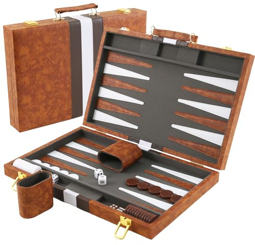 Backgammon Set,15 Zoll Backgammon Reise, Backgammon Koffer, 2 Spieler Brettspiel, Tragbares Reise Strategie Spiel Set mit Würfelbecher, für Erwachsene und Anfänger(Braun)