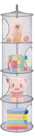UIHRLM Hanging Toy Storage, 4 Tier Foldable Hangings Mesh Storage Net, Extra Large Compartment Toy Clothing Bag Space Saving for Kids Room Bathroom Balcony Playrooms Bedroom Study (Gray)