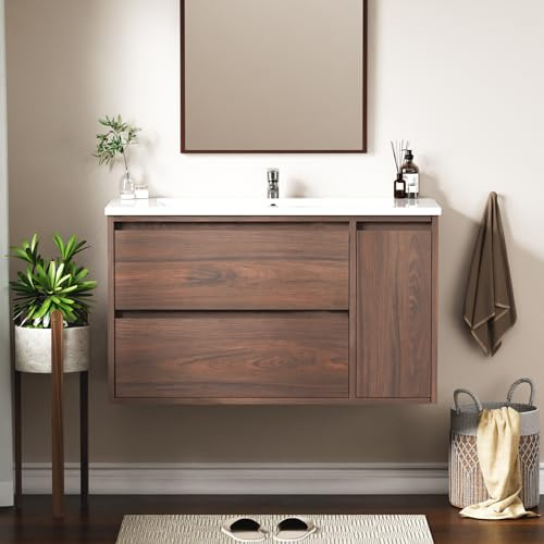 Waschbecken mit Unterschrank 90 cm breit, Waschbeckenunterschrank, Badmöbel Set für Gäste WC & Bad, Hängender Waschtisch mit Keramikwaschbecken, Walnussoptik, Soft Close Vollauszug Schubladen und Tür