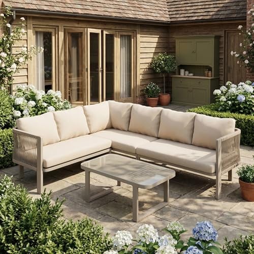 FammyLoft 6-Sitzer Outdoor Gartenmöbel Set, Gartenlounge Außen mit Glastischplatte, Modulare Gartensofa mit Esstisch, Bank, Outdoor Sofa Wetterfest, für Terrasse & Garten, Verzinktes Stahlrohr, Khaki