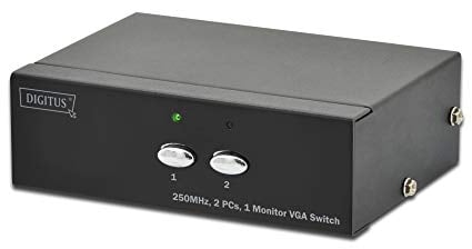 Digitus VGA Switch - Periférico de Entrada (2 Puertos, 250MHz, 1 Monitor, 2 PC, 3 VGA, HDSUB15 Hembra máx. 1920 x 1080 píxeles en 60 Hz, Incluye Fuente de alimentación)