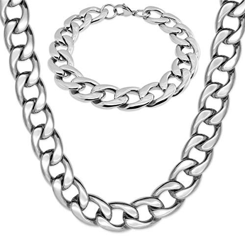 Soul-Cats Panzerkette mit oder ohne Armband für Männer, Herren aus Edelstahl, Breite: 14 mm, Auswahl: Kette 55 cm + Armband, Farbe: Silber
