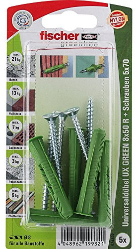 fischer 524807 8x50 R S K, Inhalt Universaldübel UX Green 8 x 50 R (mit Rand), 5 x Spanplattenschraube 5 x 70