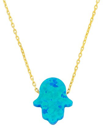 Remi Bijou Wunderschöne 925 Sterling Silber Halskette Kette + Anhänger - Fatimas Hand Hamsa Buddha Hand Opal türkis blau - Gold Farbe