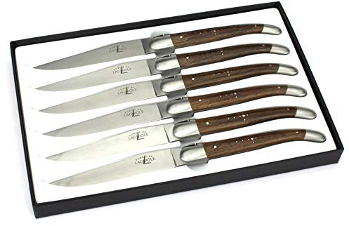 Forge de Laguiole - Lot de 6 couteaux à steak – Manche en chêne de tourbe fossilisé – Couteau de table élégant – Acier mat satiné