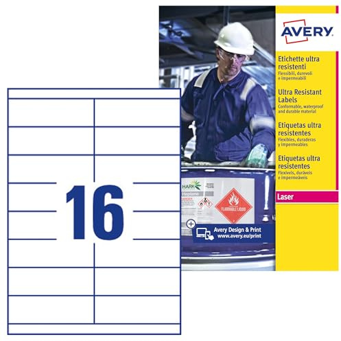 Avery B5274-50 (52.5 x 74.3mm) Extra Strong Adhesive, Ultra Heavy Duty Industrial Waterproof GHS Labels, 16 Labels Per A4 Sheet