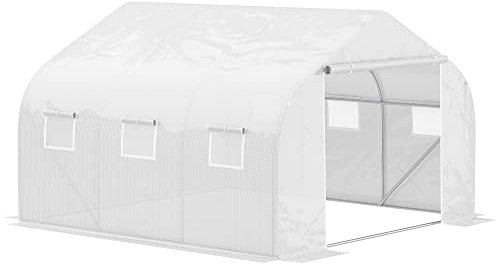 Outsunny Invernadero de Jardín 350x300x200cm Tipo Túnel con 6 Ventanas Puerta Enrollable para Cultivo de Plantas Flores Patio Caseta Mosquitera Blanco