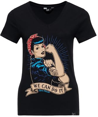 Queen Kerosin Women's Short Sleeve T-Shirt Vintage Print We Can Do It V Neck Slim Fit Retro Empowerment 50S Rockabilly Rockabella 1950S We Can Do It, Black, S