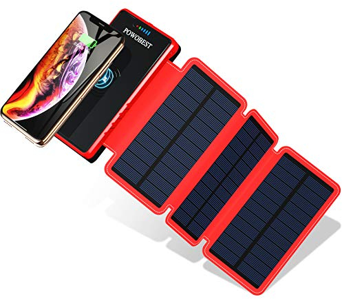 POWOBEST Solar-Handy-Ladegerät, Solarladegerät Power Bank, Outdoor-Solar-Handy-Powerbank, Hochgeschwindigkeitsladung, 20000 mAh kabellose tragbare Solar-Powerbank, Solarpanel-Aufladung (rot)