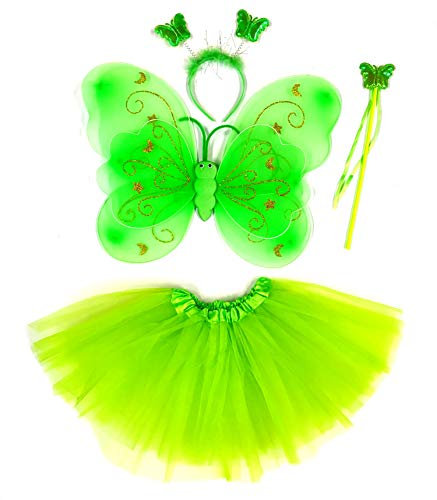 Tante Tina Costume da Farfalla per Bambina - Vestito Farfalla da Bimba in 4 Pezzi: Gonna in Tulle, Ali, Bacchetta e Cerchietto - Verde Stella - Indicato per i Bambini da 2 a 8 Anni