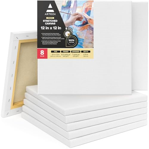 Arteza Premium Leinwand Keilrahmen, 30.4 x 30.4 cm, 8 bespannte Keilrahmen, 100% Baumwolle grundiert mit säurefreiem Titan-Acryl-Gesso, Leinwände für Acrylmalerei, Ölfarben & nasse Kunstmedien