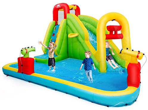 COSTWAY Inflatable Bouncy Castle, Blow up Jumper House Water Park with Slide, Climbing Wall, Water Guns and Splashing Pool, Summer Outdoor Play Center for Kids