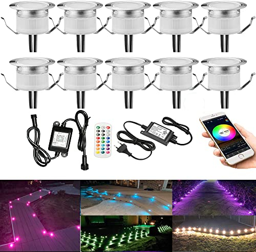 GEYUEYA Home 10er WIFI LED Bodeneinbauleuchten Aussen RGBW Ø31mm IP67 Wasserdicht Terrassenbeleuchtung Kompatibel mit Amazon Alexa,bodeneinbaustrahler aussen led für terrassenüberdachung