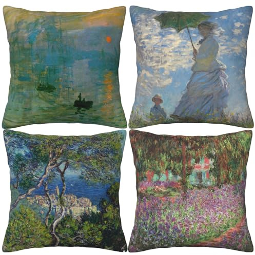HOSTECCO Claude Monet Kissenbezug 40x40 4er Set Impressionisten Quadratisch Dekorative Kissenbezüge für berühmte Maler Fans