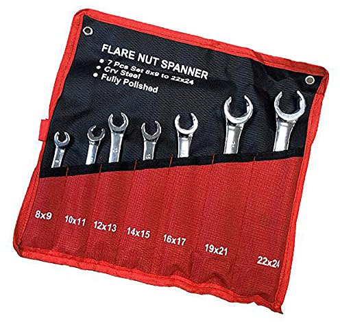 7 Piece Brake and Fuel Pipe Compression Flare Nut Spanners Set 8mm-24mm Chrome Vanadium Steel Wrenches with Tool Storage Roll