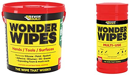 Everbuild EVBGIANTWIPE Wonder Wipes Multi-Use Cleaning Wipes, 300 Wipes, Clear & WIPE80-EBD Wonder Wipes Multi-Use Cleaning Wipes, 100 Wipes, Red